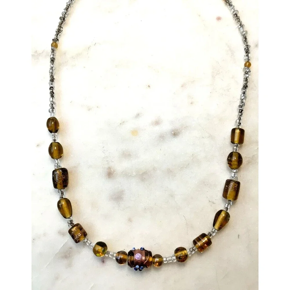 Vintage Wedding Cake Bead Necklace Gold Hand Blown Foil Glass Italy Lampwork